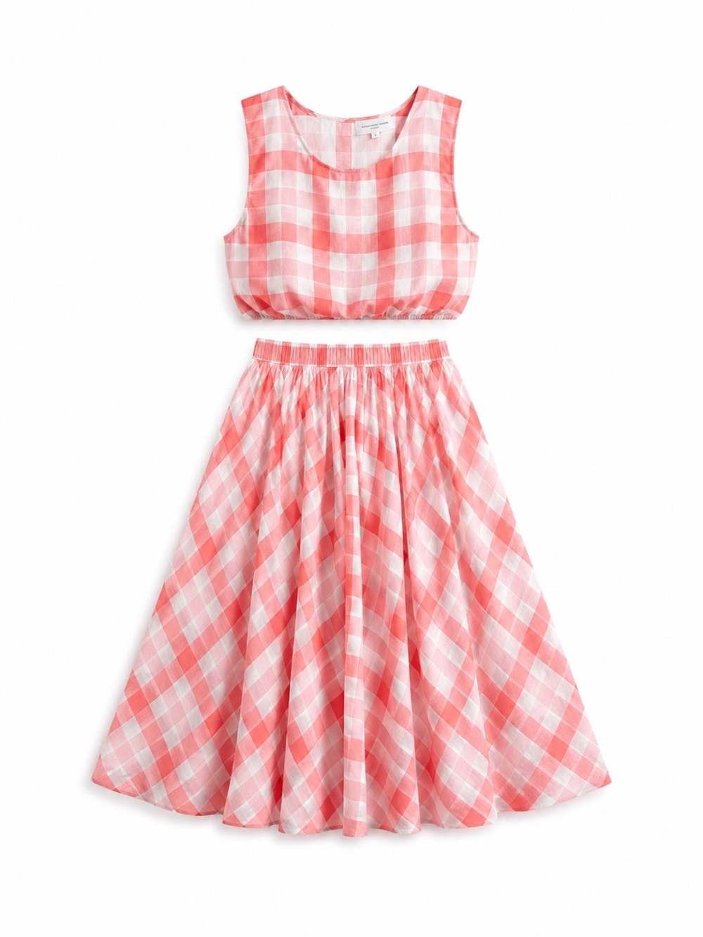 Two-Piece Pink Checked Crop Top and Midi Skirt Set